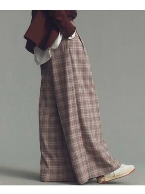 Maeve Anthropologie Wide Leg Plaid Trousers in Pink and Gray